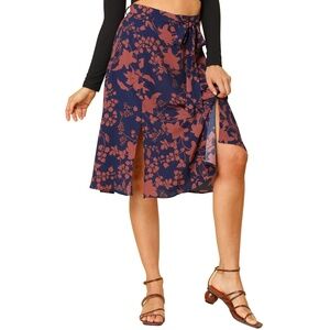Allegra K Women's High Elastic Waist Slit A-Line Belted Floral Print Midi Skirt